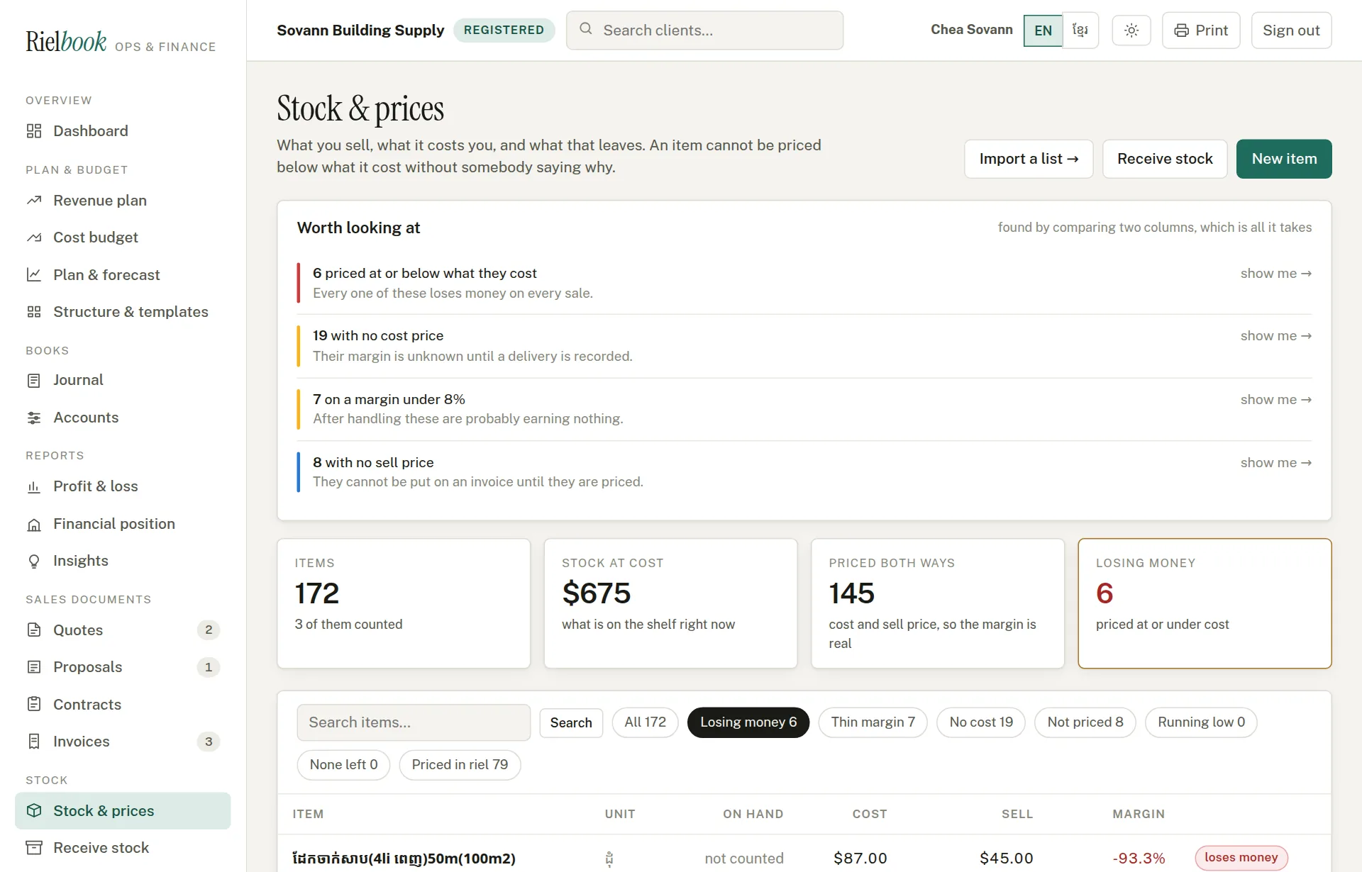 The stock list filtered to items losing money
