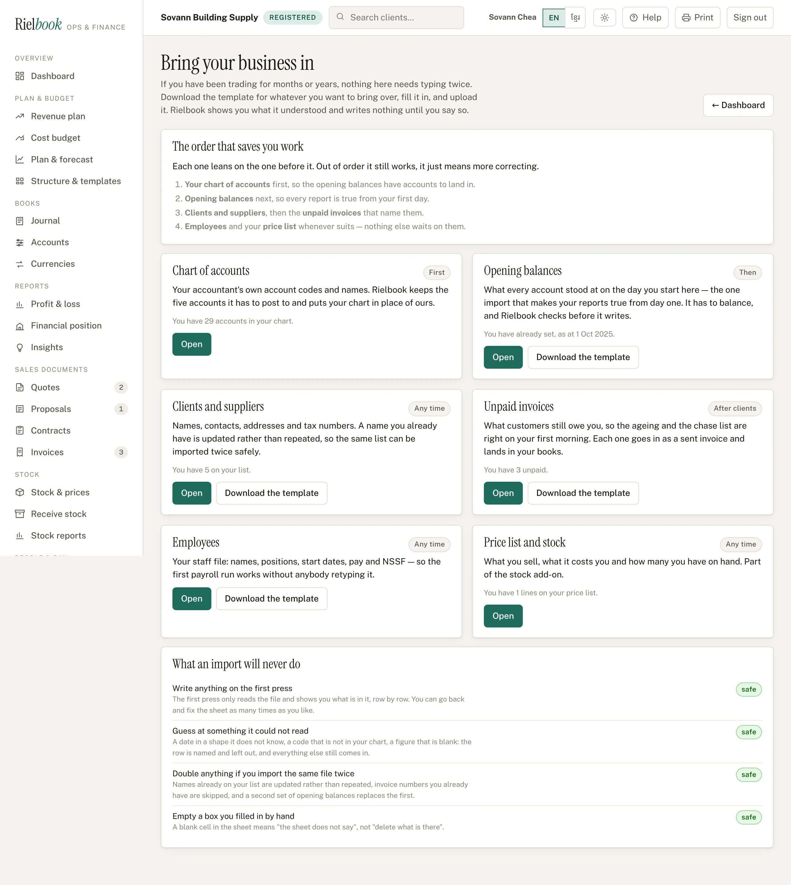 The import page, with a card for each kind of thing that can be brought in