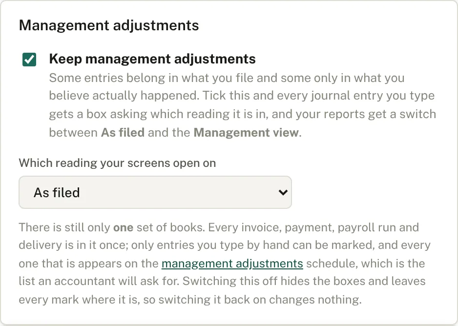 The management adjustments setting in Company settings